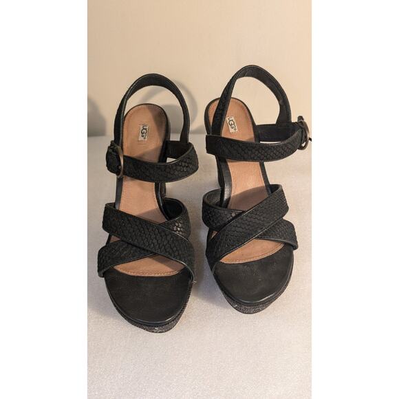 UGG Australia JAZMINE MAR BLACK SUEDE STRAPPY PLATFORM WEDGE HEELS sz 10 - Picture 1 of 11